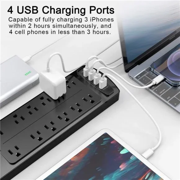 Power Strip,Surge Protector with 12 Outlets & 4 USB Ports,6 Feet Extension Cord